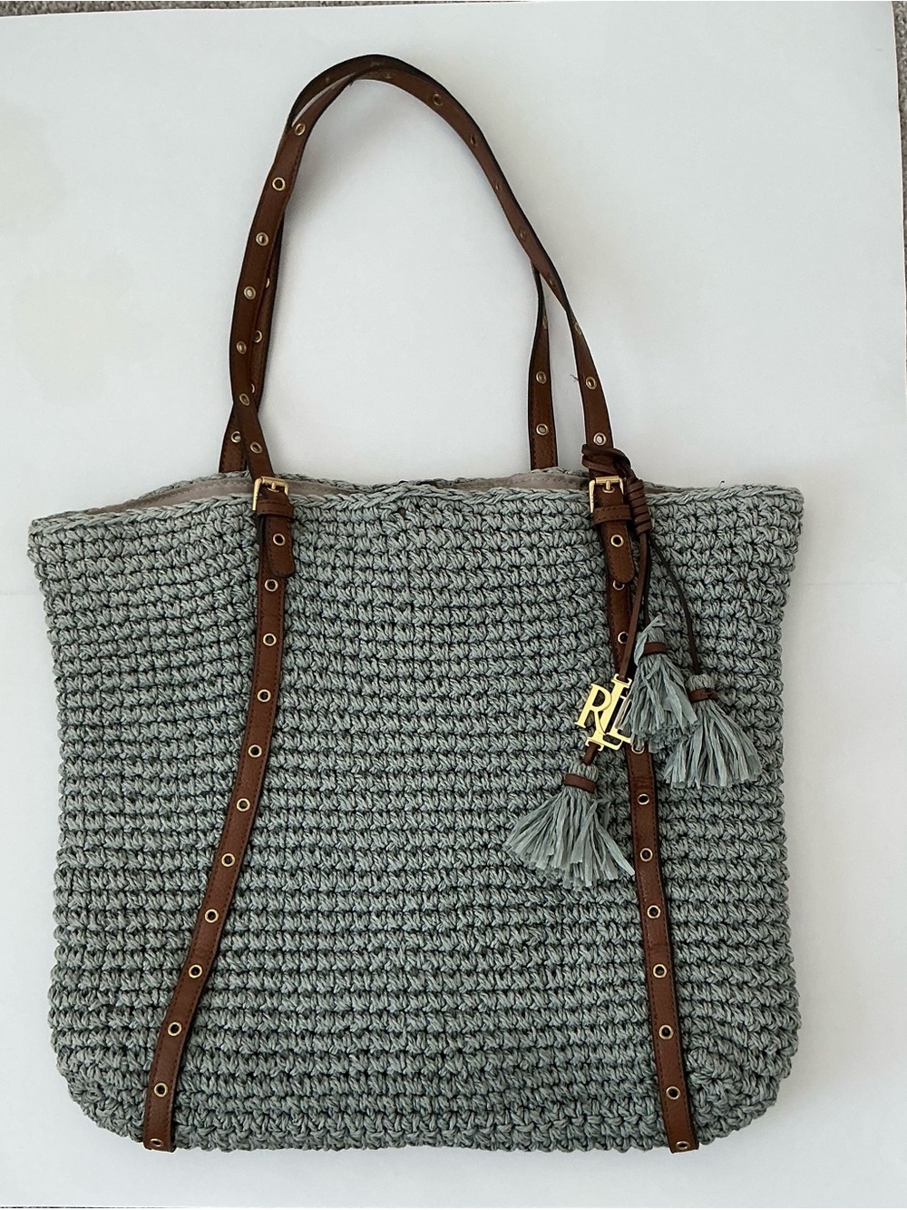 Ralph Lauren - Woven Straw Shoulder / Beach Bag w/ Leather Straps, Blue